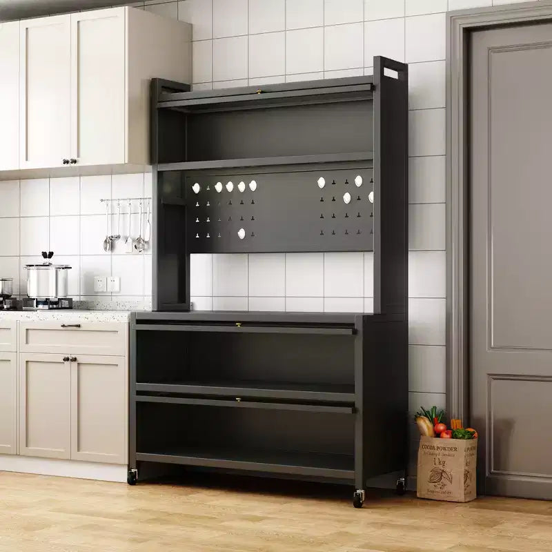 Estantería de cocina alta de 65 pulgadas con armario de puerta abatible, soporte para microondas de 5 niveles, barra de café, gris