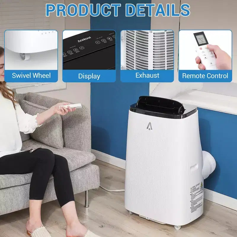 15K BTU Portable AC for Large Rooms up to 850 Sq Ft, 3-in-1 Cooling Fan Dehumidifier with Remote, Auto Swing, Drainage-Free Design