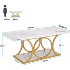 Mesa de centro moderna Lantine de 118 cm con 2 niveles, cubierta de imitación mármol, patas geométricas, estante de almacenamiento para sala de estar (blanco y dorado)