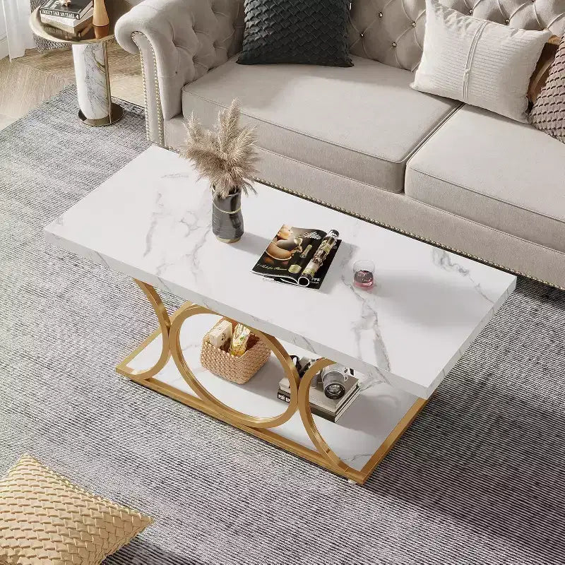 Mesa de centro moderna Lantine de 118 cm con 2 niveles, cubierta de imitación mármol, patas geométricas, estante de almacenamiento para sala de estar (blanco y dorado)