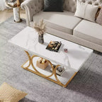Mesa de centro moderna Lantine de 118 cm con 2 niveles, cubierta de imitación mármol, patas geométricas, estante de almacenamiento para sala de estar (blanco y dorado)