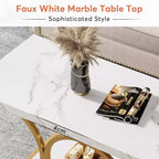 Mesa de centro moderna Lantine de 118 cm con 2 niveles, cubierta de imitación mármol, patas geométricas, estante de almacenamiento para sala de estar (blanco y dorado)