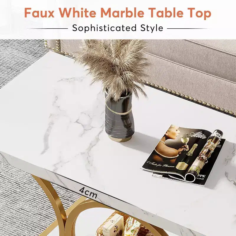 Mesa de centro moderna Lantine de 118 cm con 2 niveles, cubierta de imitación mármol, patas geométricas, estante de almacenamiento para sala de estar (blanco y dorado)