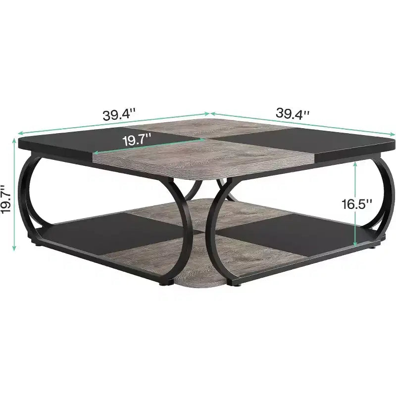 Mesa de centro Lantine de 39 pulgadas con estante de almacenamiento abierto, mesa central baja cuadrada de madera grande para sala de estar, oficina en casa, negro rústico gris