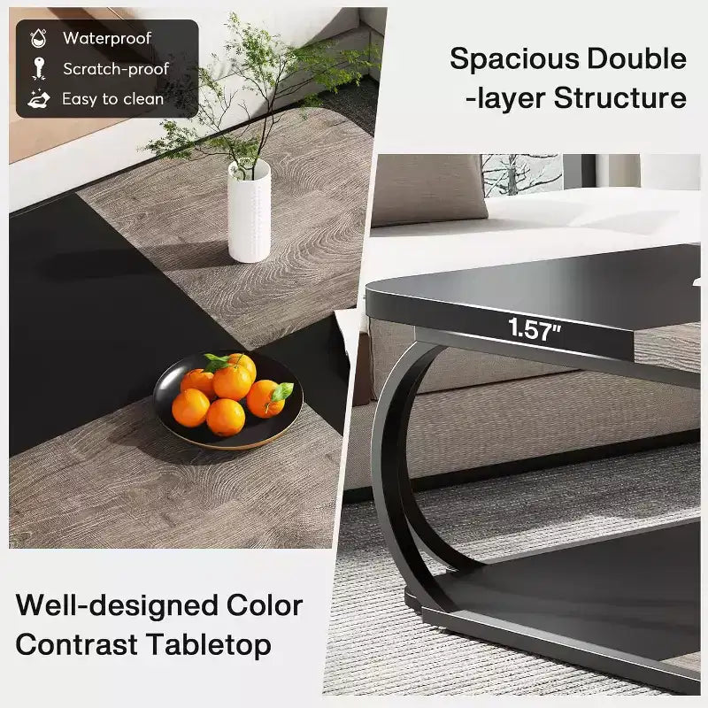 Mesa de centro Lantine de 39 pulgadas con estante de almacenamiento abierto, mesa central baja cuadrada de madera grande para sala de estar, oficina en casa, negro rústico gris