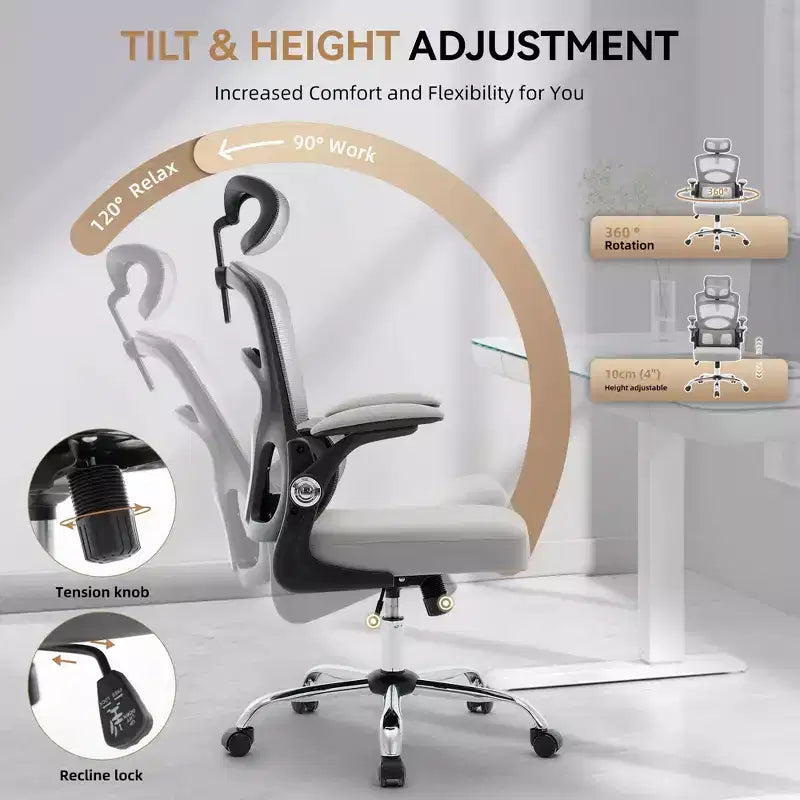 Silla de oficina ergonómica de malla con respaldo alto, reposacabezas y soporte lumbar, silla de escritorio giratoria ajustable para oficina en casa