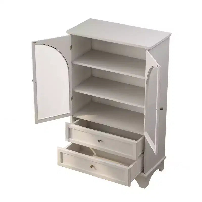 JVNOXK 52.17 pulgadas de alto vitrina con puerta de vidrio y almacenamiento, 2 cajones y estantes ajustables, para sala de estar y dormitorio, color blanco