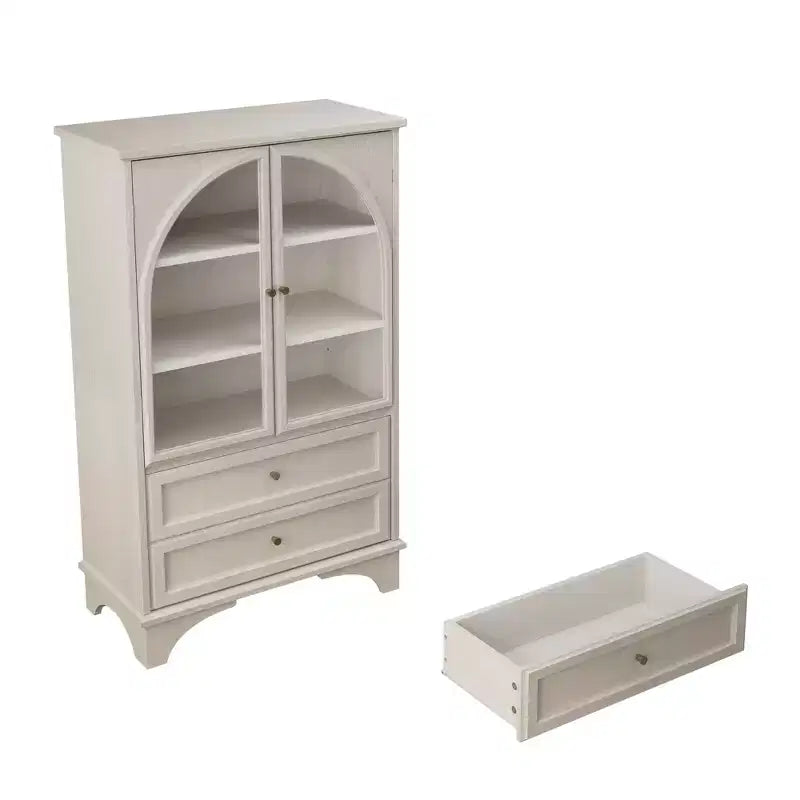 JVNOXK 52.17 pulgadas de alto vitrina con puerta de vidrio y almacenamiento, 2 cajones y estantes ajustables, para sala de estar y dormitorio, color blanco