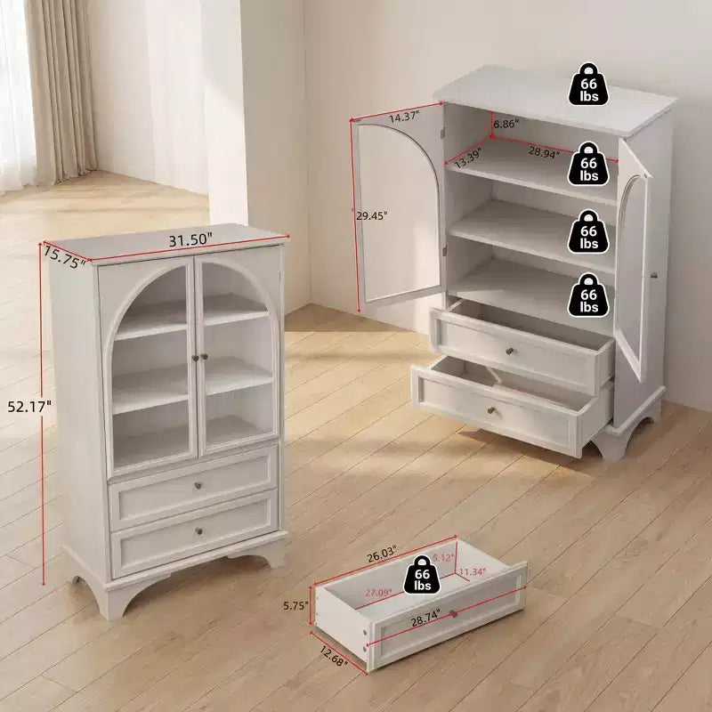 JVNOXK 52.17 pulgadas de alto vitrina con puerta de vidrio y almacenamiento, 2 cajones y estantes ajustables, para sala de estar y dormitorio, color blanco