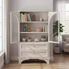JVNOXK 52.17 pulgadas de alto vitrina con puerta de vidrio y almacenamiento, 2 cajones y estantes ajustables, para sala de estar y dormitorio, color blanco