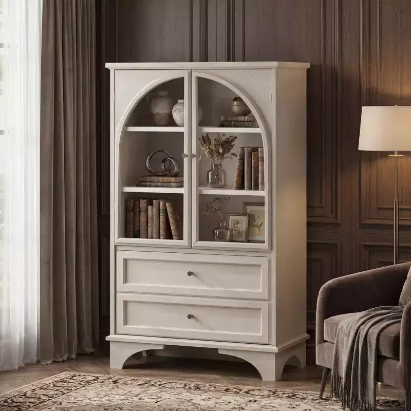 JVNOXK 52.17 pulgadas de alto vitrina con puerta de vidrio y almacenamiento, 2 cajones y estantes ajustables, para sala de estar y dormitorio, color blanco