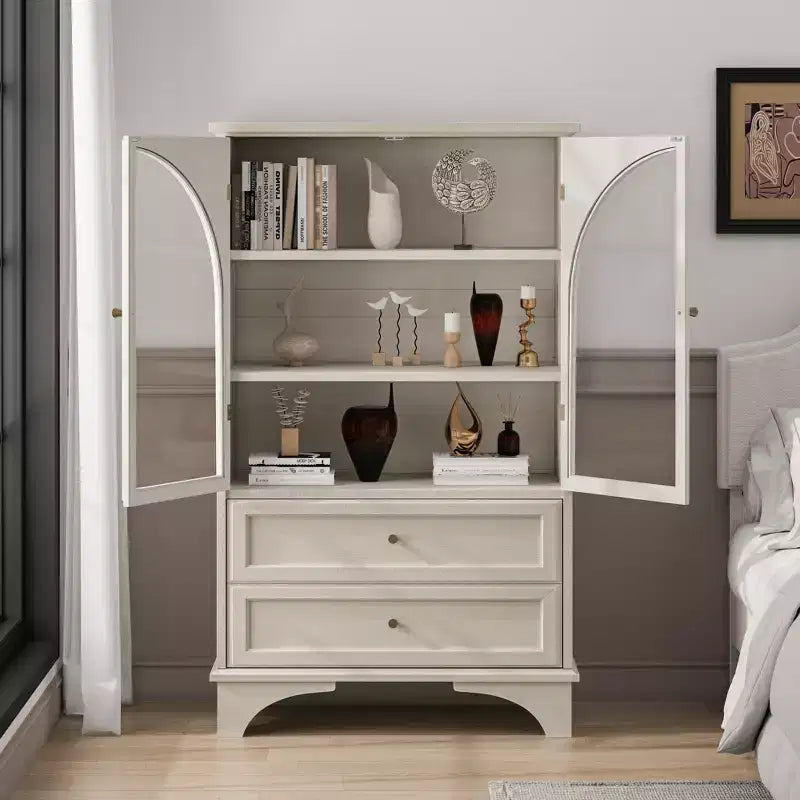 JVNOXK 52.17 pulgadas de alto vitrina con puerta de vidrio y almacenamiento, 2 cajones y estantes ajustables, para sala de estar y dormitorio, color blanco
