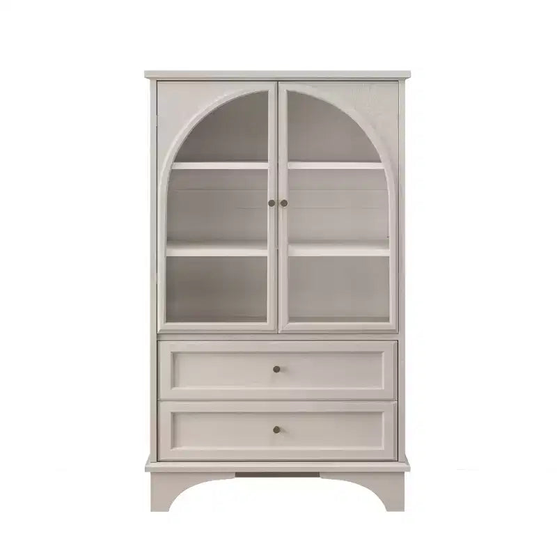 JVNOXK 52.17 pulgadas de alto vitrina con puerta de vidrio y almacenamiento, 2 cajones y estantes ajustables, para sala de estar y dormitorio, color blanco