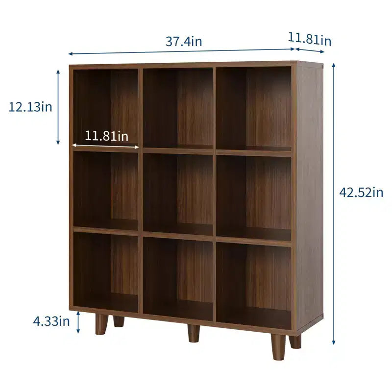 Estantería moderna de mediados de siglo de 9 niveles - Organizador de almacenamiento cúbico de madera rústica marrón con patas antivuelco para sala de estar/oficina en casa (9 cubos, marrón retro)