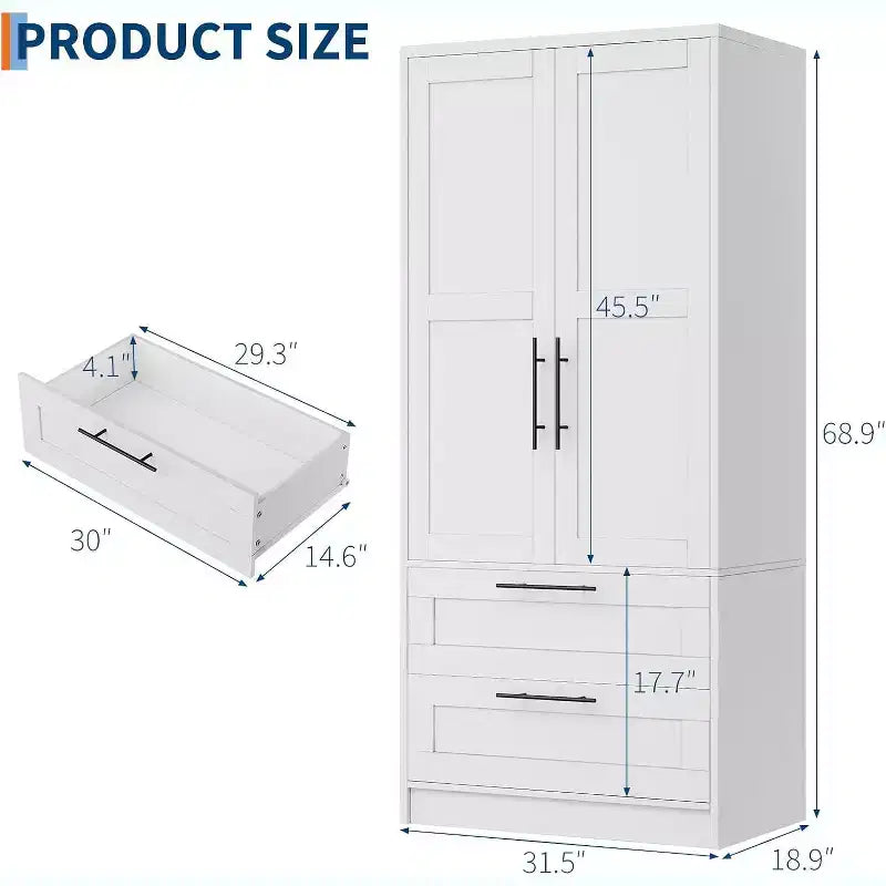 Armario de madera con 2 cajones, 70 Armario de almacenamiento alto con 2 puertas, Armarios de ropa modernos para dormitorio con barras para colgar, Blanco