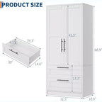 Armario de madera con 2 cajones, 70 Armario de almacenamiento alto con 2 puertas, Armarios de ropa modernos para dormitorio con barras para colgar, Blanco