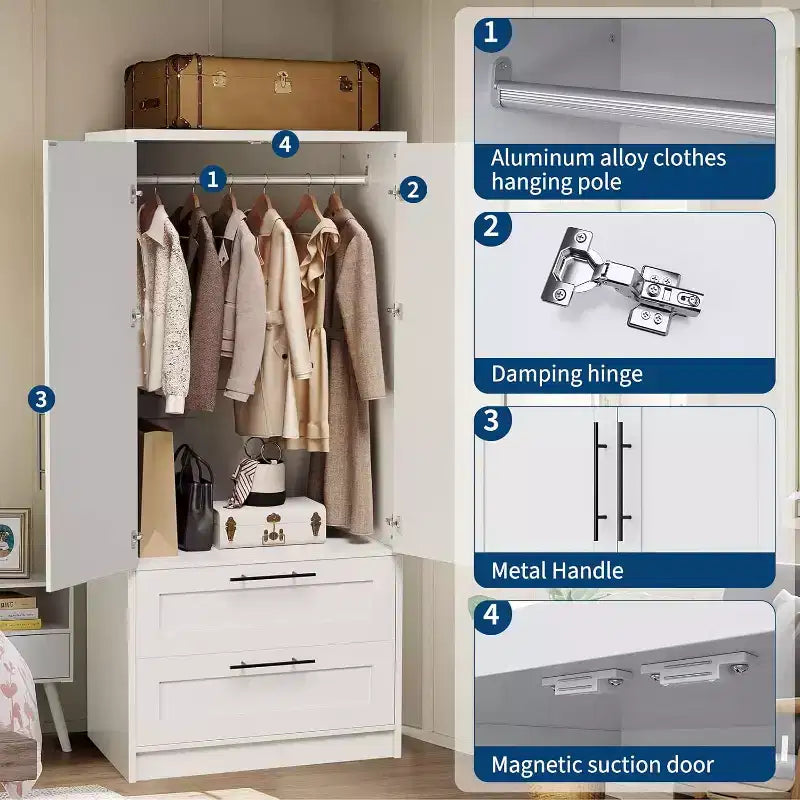 Armario de madera con 2 cajones, 70 Armario de almacenamiento alto con 2 puertas, Armarios de ropa modernos para dormitorio con barras para colgar, Blanco