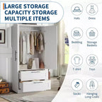 Armario de madera con 2 cajones, 70 Armario de almacenamiento alto con 2 puertas, Armarios de ropa modernos para dormitorio con barras para colgar, Blanco