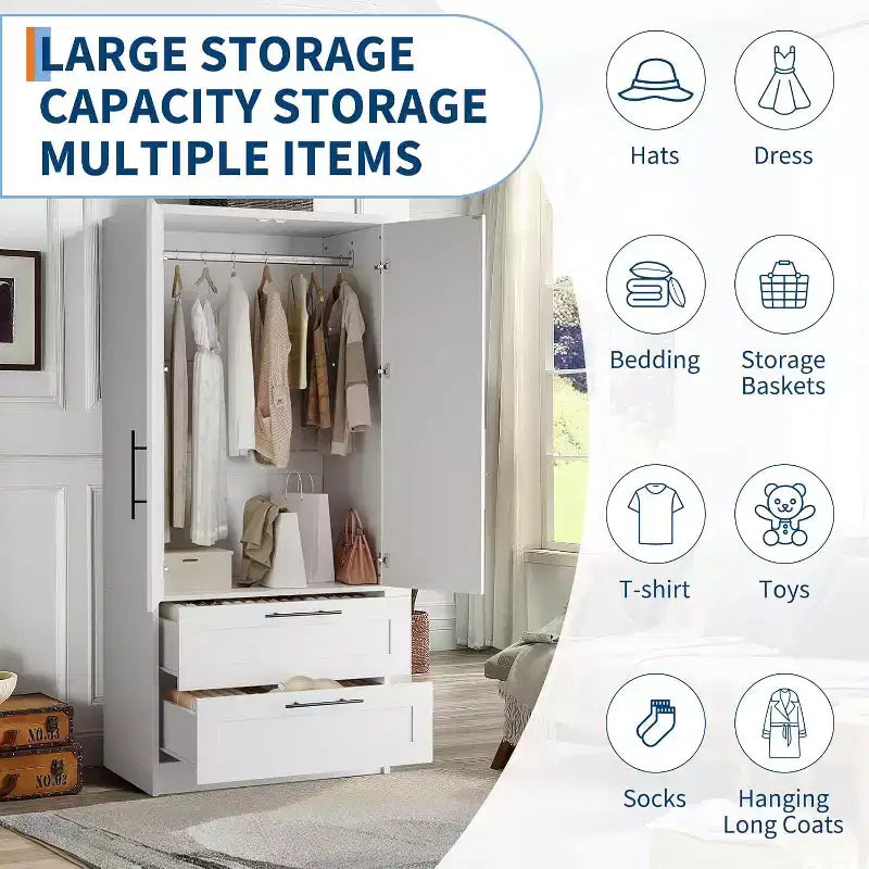 Armario de madera con 2 cajones, 70 Armario de almacenamiento alto con 2 puertas, Armarios de ropa modernos para dormitorio con barras para colgar, Blanco