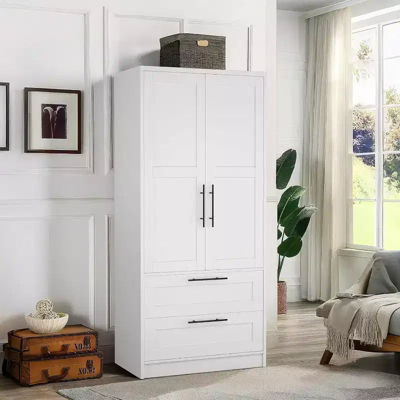Armario de madera con 2 cajones, 70 Armario de almacenamiento alto con 2 puertas, Armarios de ropa modernos para dormitorio con barras para colgar, Blanco