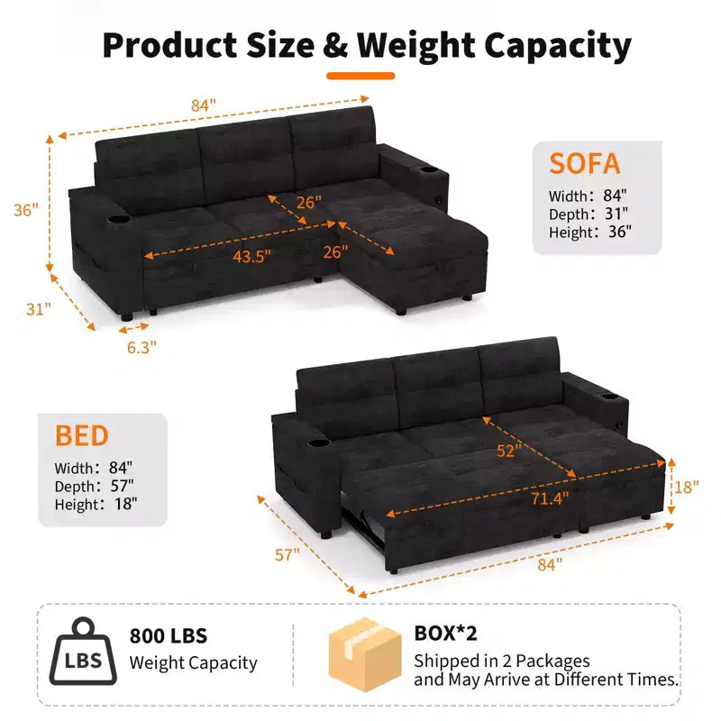 Sofá cama seccional en forma de L de 84" - Chaise reversible con almacenamiento, puertos USB y portavasos - Negro