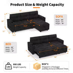 Sofá cama seccional en forma de L de 84" - Chaise reversible con almacenamiento, puertos USB y portavasos - Negro