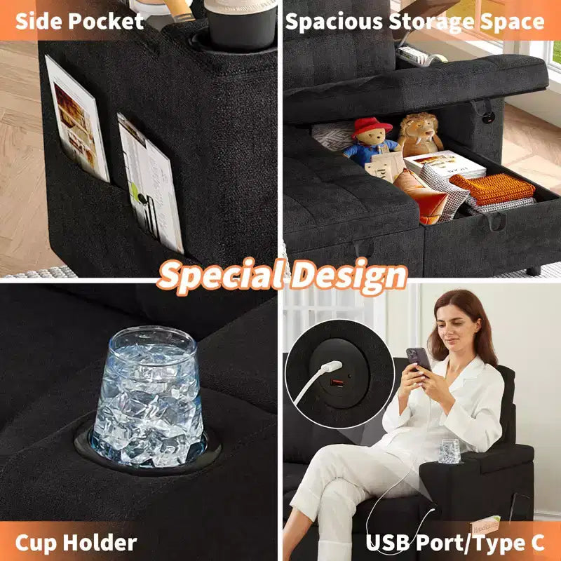 Sofá cama seccional en forma de L de 84" - Chaise reversible con almacenamiento, puertos USB y portavasos - Negro