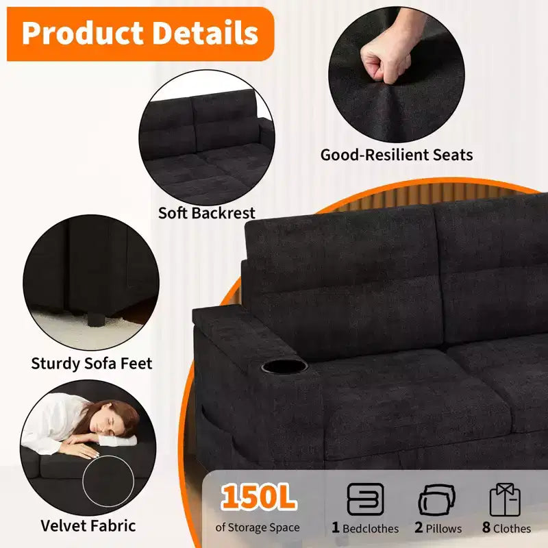 Sofá cama seccional en forma de L de 84" - Chaise reversible con almacenamiento, puertos USB y portavasos - Negro