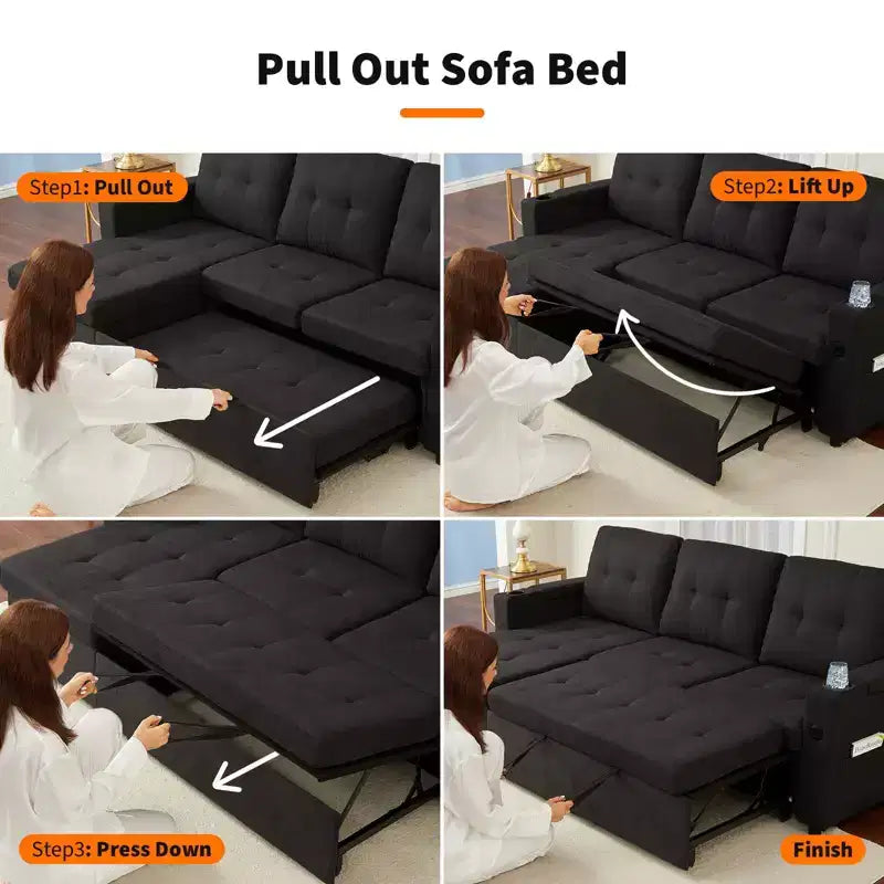 Sofá cama seccional en forma de L de 84" - Chaise reversible con almacenamiento, puertos USB y portavasos - Negro
