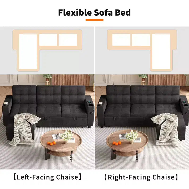 Sofá cama seccional en forma de L de 84" - Chaise reversible con almacenamiento, puertos USB y portavasos - Negro