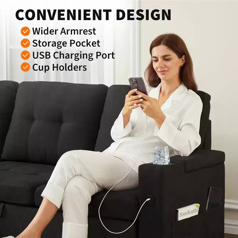 Sofá cama seccional en forma de L de 84" - Chaise reversible con almacenamiento, puertos USB y portavasos - Negro