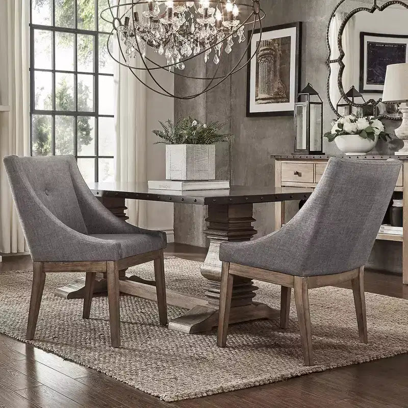 Juego de 2 sillas de comedor de lino con brazos inclinados y botones capitoné Amiford - iNSPIREQ
