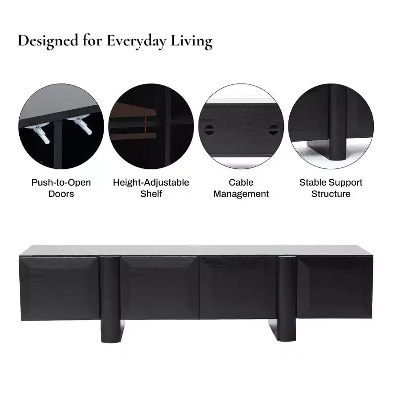 Mueble de TV Moderno Negro LuxenHome de 63 para televisores de hasta 68 pulgadas, Consola Multimedia Negro Mate con 4 Puertas Push-to-Open, Centro de Entretenimiento de Perfil Bajo