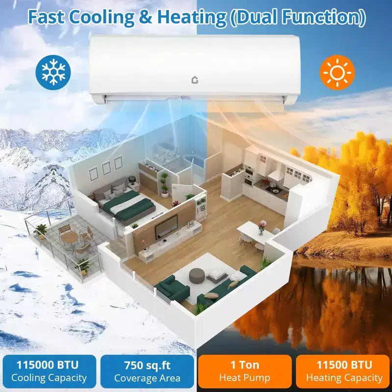 Acekool 11500 BTU Mini Split Air Conditioner and Heater, Wi-Fi Ductless Inverter AC 230V, Cools Heats 750 Sq.Ft, White