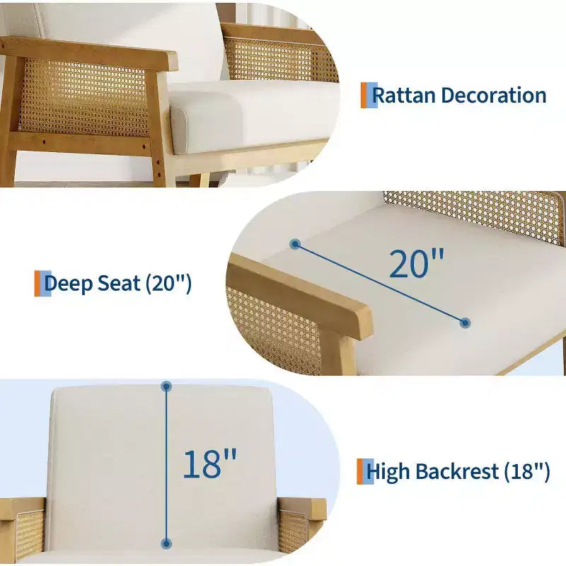 Sillón auxiliar tapizado de ratán Coolmee, sillón con respaldo alto y estructura de madera, sillón de ocio para lectura para el hogar y sala de espera