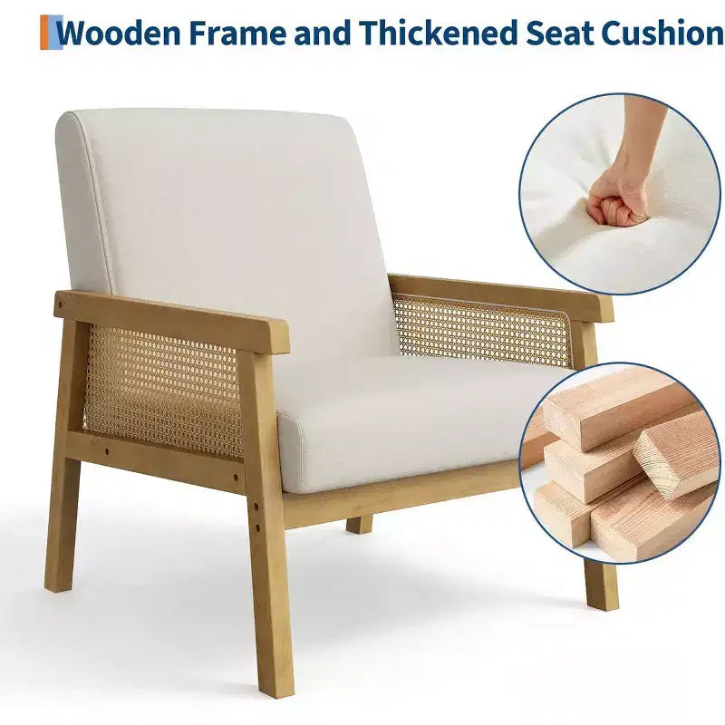 Sillón auxiliar tapizado de ratán Coolmee, sillón con respaldo alto y estructura de madera, sillón de ocio para lectura para el hogar y sala de espera