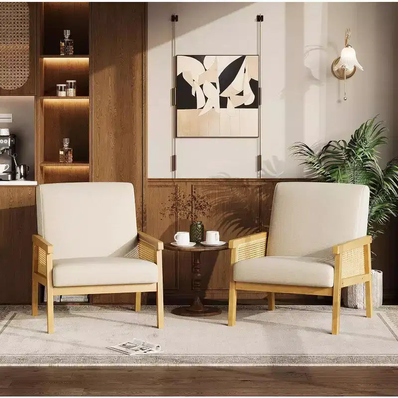 Sillón auxiliar tapizado de ratán Coolmee, sillón con respaldo alto y estructura de madera, sillón de ocio para lectura para el hogar y sala de espera