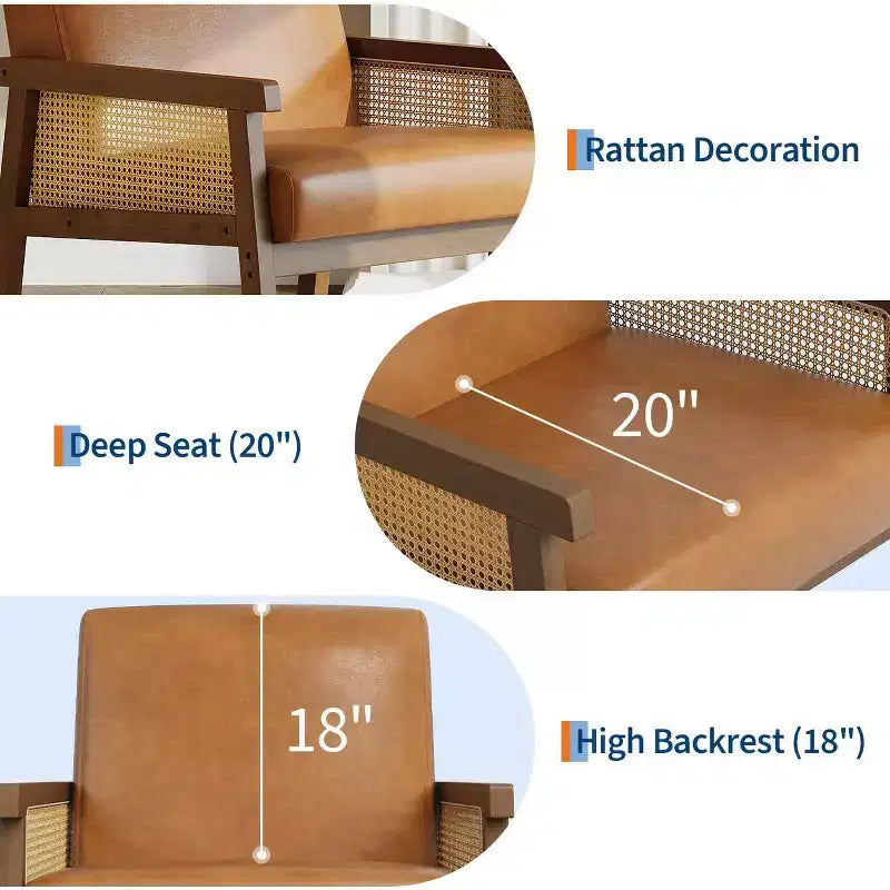 Sillón auxiliar tapizado de ratán Coolmee, sillón con respaldo alto y estructura de madera, sillón de ocio para lectura para el hogar y sala de espera