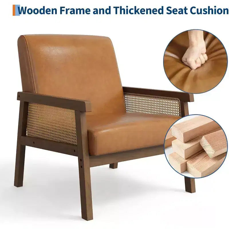 Sillón auxiliar tapizado de ratán Coolmee, sillón con respaldo alto y estructura de madera, sillón de ocio para lectura para el hogar y sala de espera