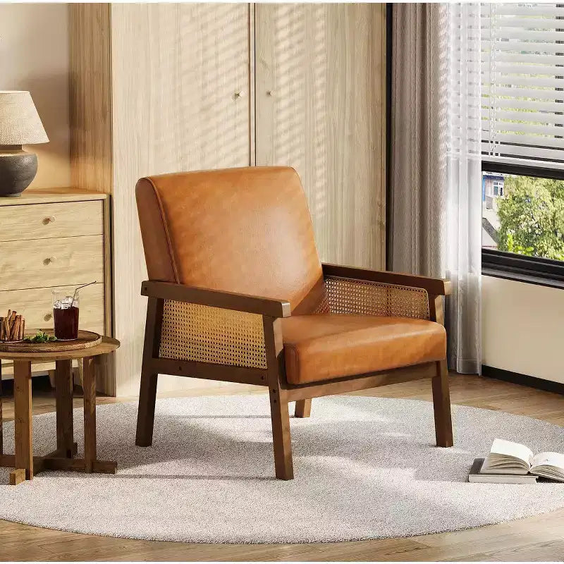 Sillón auxiliar tapizado de ratán Coolmee, sillón con respaldo alto y estructura de madera, sillón de ocio para lectura para el hogar y sala de espera