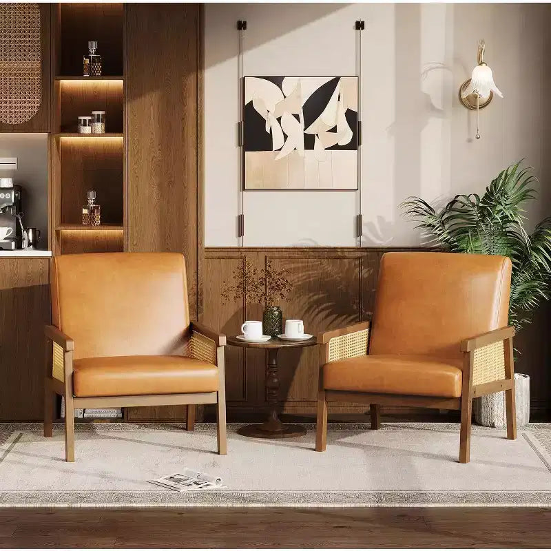 Sillón auxiliar tapizado de ratán Coolmee, sillón con respaldo alto y estructura de madera, sillón de ocio para lectura para el hogar y sala de espera