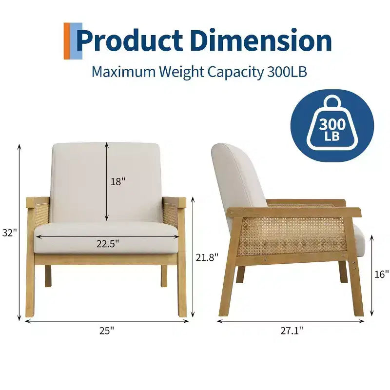 Sillón auxiliar tapizado de ratán Coolmee, sillón con respaldo alto y estructura de madera, sillón de ocio para lectura para el hogar y sala de espera