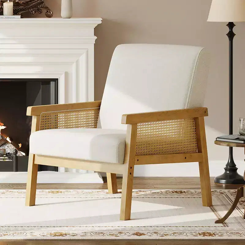 Sillón auxiliar tapizado de ratán Coolmee, sillón con respaldo alto y estructura de madera, sillón de ocio para lectura para el hogar y sala de espera