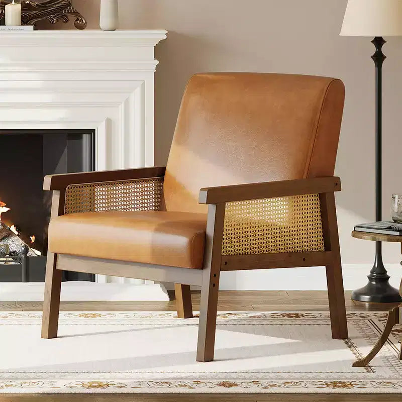 Sillón auxiliar tapizado de ratán Coolmee, sillón con respaldo alto y estructura de madera, sillón de ocio para lectura para el hogar y sala de espera