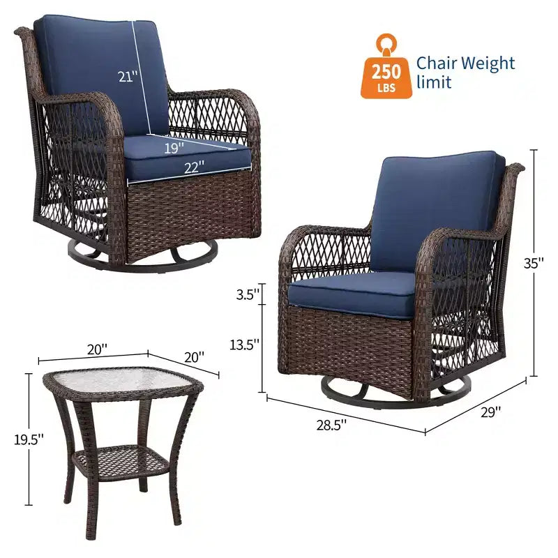 Sillones de Patio Giratorios de Mimbre, Silla Mecedora con Giro de 360 Grados, Juego de Bistró de Exterior de 3 Piezas, para Porche, Balcón