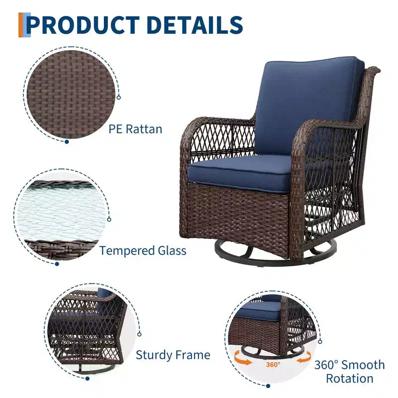 Sillones de Patio Giratorios de Mimbre, Silla Mecedora con Giro de 360 Grados, Juego de Bistró de Exterior de 3 Piezas, para Porche, Balcón