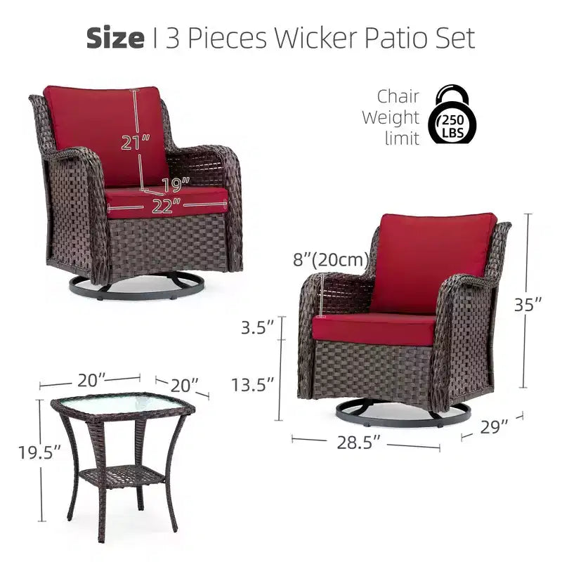 Sillones de Patio Giratorios de Mimbre, Silla Mecedora con Giro de 360 Grados, Juego de Bistró de Exterior de 3 Piezas, para Porche, Balcón
