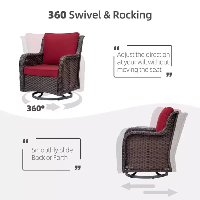 Sillones de Patio Giratorios de Mimbre, Silla Mecedora con Giro de 360 Grados, Juego de Bistró de Exterior de 3 Piezas, para Porche, Balcón