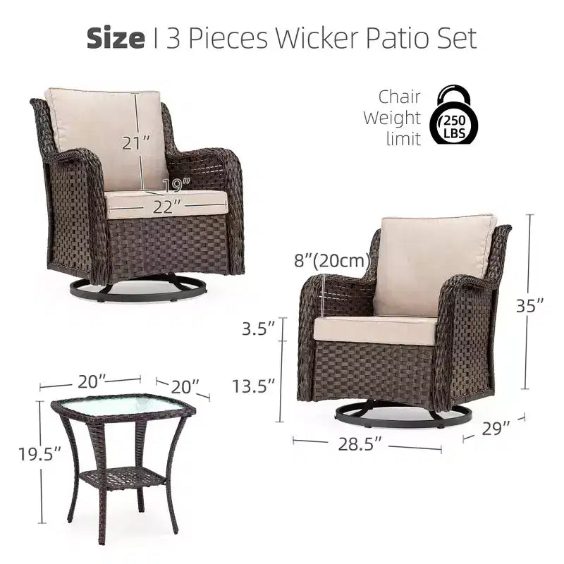 Sillones de Patio Giratorios de Mimbre, Silla Mecedora con Giro de 360 Grados, Juego de Bistró de Exterior de 3 Piezas, para Porche, Balcón
