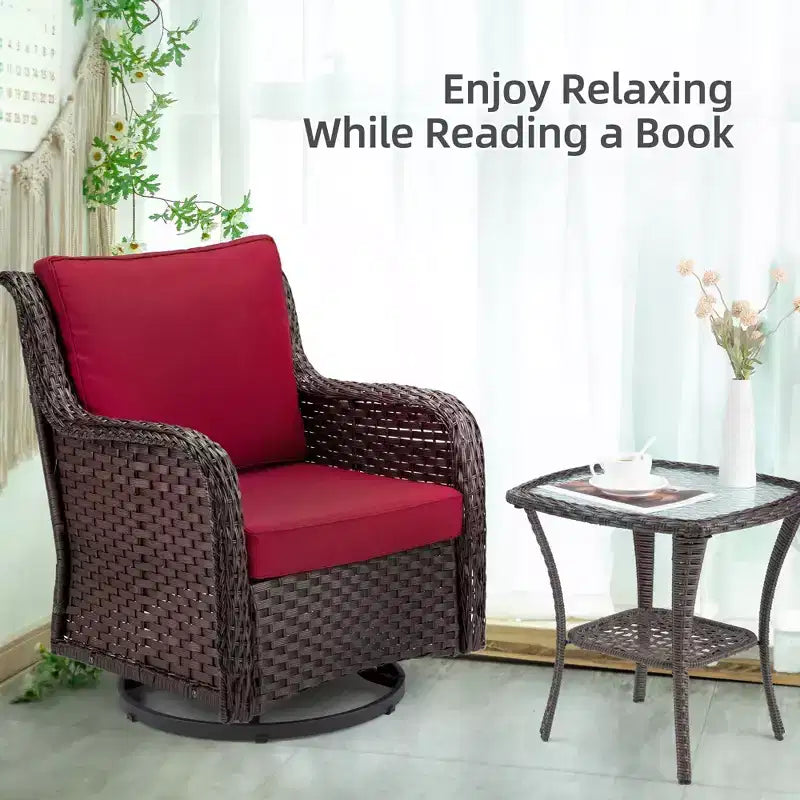 Sillones de Patio Giratorios de Mimbre, Silla Mecedora con Giro de 360 Grados, Juego de Bistró de Exterior de 3 Piezas, para Porche, Balcón